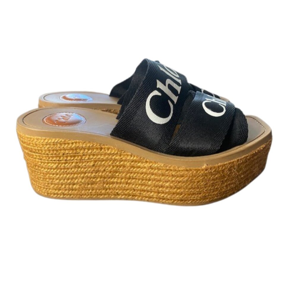 Chloé Woody Platform Espadrille Slide Sandals Logo Canvas EU 8